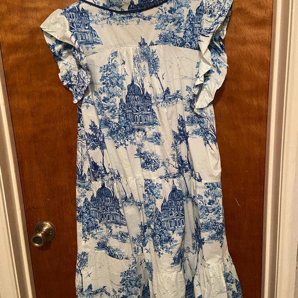 Plus Size Umgee Blue and White Toile Print Tiered Dress - Picture 5 of 6